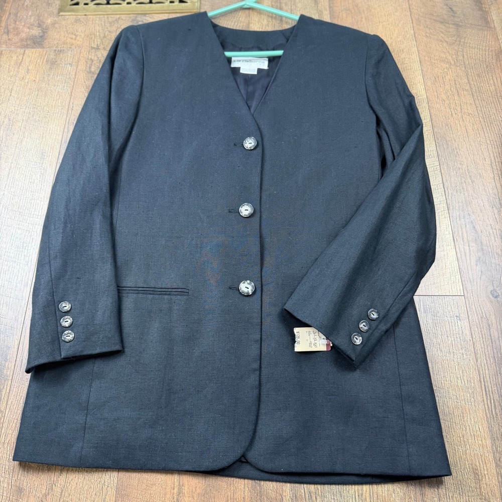 Liz Claiborne Linen Blazer Women Size 12 Black Collarless Longline‎ NWT Vintage